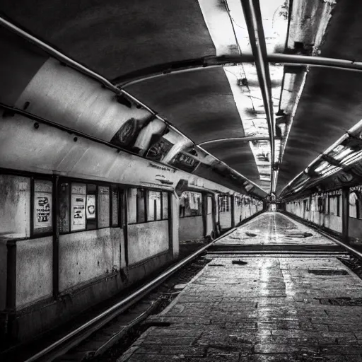 Prompt: abandoned london underground station, platform, haunting, beautiful, photorealistic, extreme detail, sharp focus, 4 k, award winning,