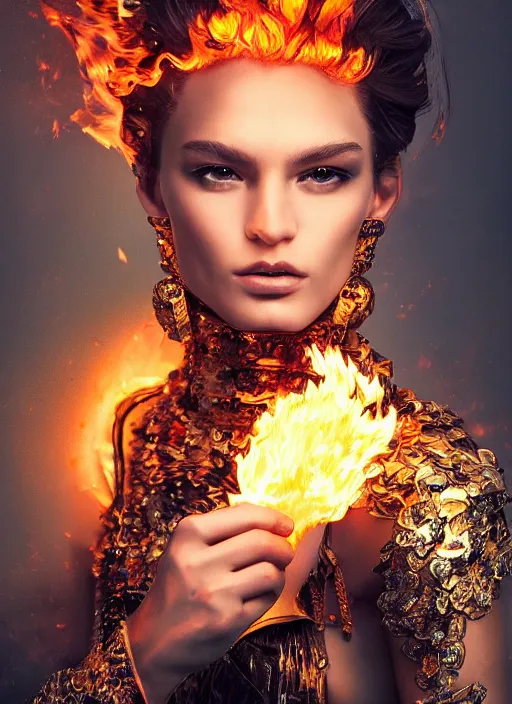 Image similar to fashion portrait with fire, female, future, torch, flame, harper's bazaar, vogue, fashion magazine, intricate, concept art, close up, ornate, luxury, elite, elegant, trending on artstation, by ruan jia, by Kenneth Willardt, by ross tran, by WLOP, by Andrei Riabovitchev,