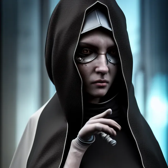 Prompt: cyberpunk nun warrior, highly detailed, 4 k, hdr, smooth, sharp focus, high resolution, award - winning photo, photorealistic