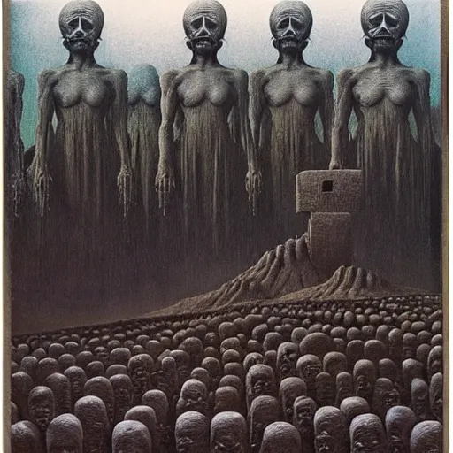 Prompt: poloroid of a highly detailed dystopian surreal painting of eerie grinning head statues and buildings by zdzisław beksinski