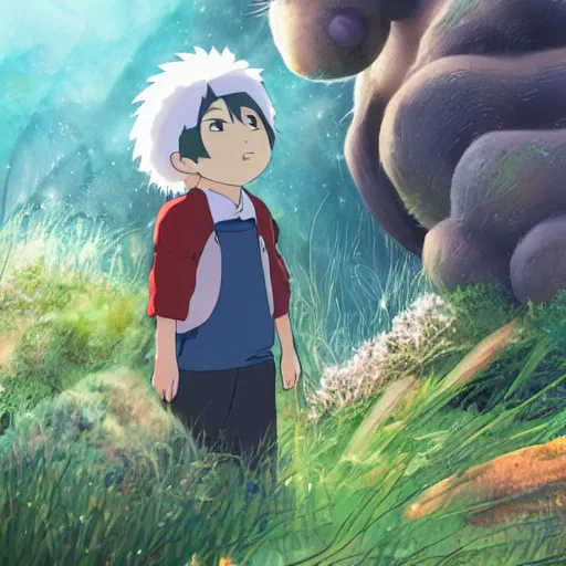 Prompt: friendly guy and small creature , with Fragile looking character made by Studio Ghibli highly detailed art, beautiful scene, sharp focus, smooth, High contrast, depth of field, 8k, anime art