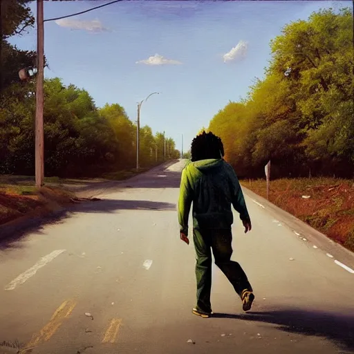 Image similar to bob marley walking along the gistelsesteenweg, painted by scott listfield, sunny, happy