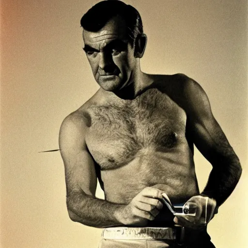 Image similar to Sean Connery using a lighter, 1960s, stylish, Life Magazine, studio lighting, medium shot, bad boy