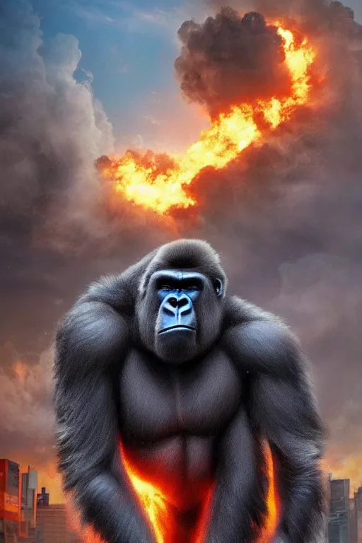 Image similar to concept art of huge gorilla be gorilla on burning tokyo city, cinematic composition, perfect lighting, art station trending