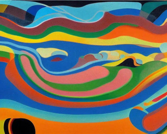 Prompt: A wild, insane, modernist landscape painting. Wild energy patterns rippling in all directions. Curves, organic, zig-zags. Saturated color. Mountains. Clouds. Rushing water. Wayne Thiebaud. Kandinsky.