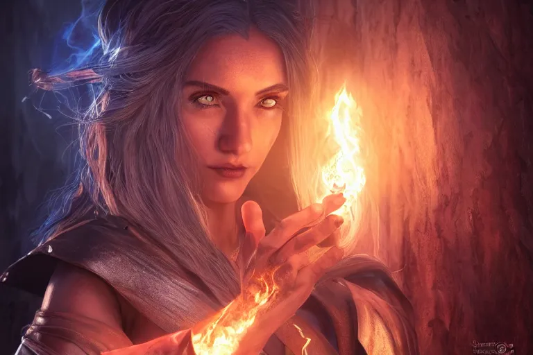 Image similar to ultra detailed fantasy, a beautiful magician with. a fire ball in her hand, realistic, dnd, rpg, lotr game design fanart by concept art, behance hd, artstation, deviantart, global illumination radiating a glowing aura global illumination ray tracing hdr render in unreal engine 5