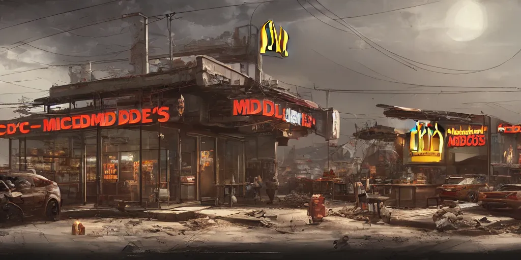 Prompt: an intricate concept art of a mcdonalds shop beside the road in a post - apocalyptic world,, sci - fi film color palette, concept art, environment design, vfx, unreal engine 5, artstation, deviantart, octane render, cinematic,