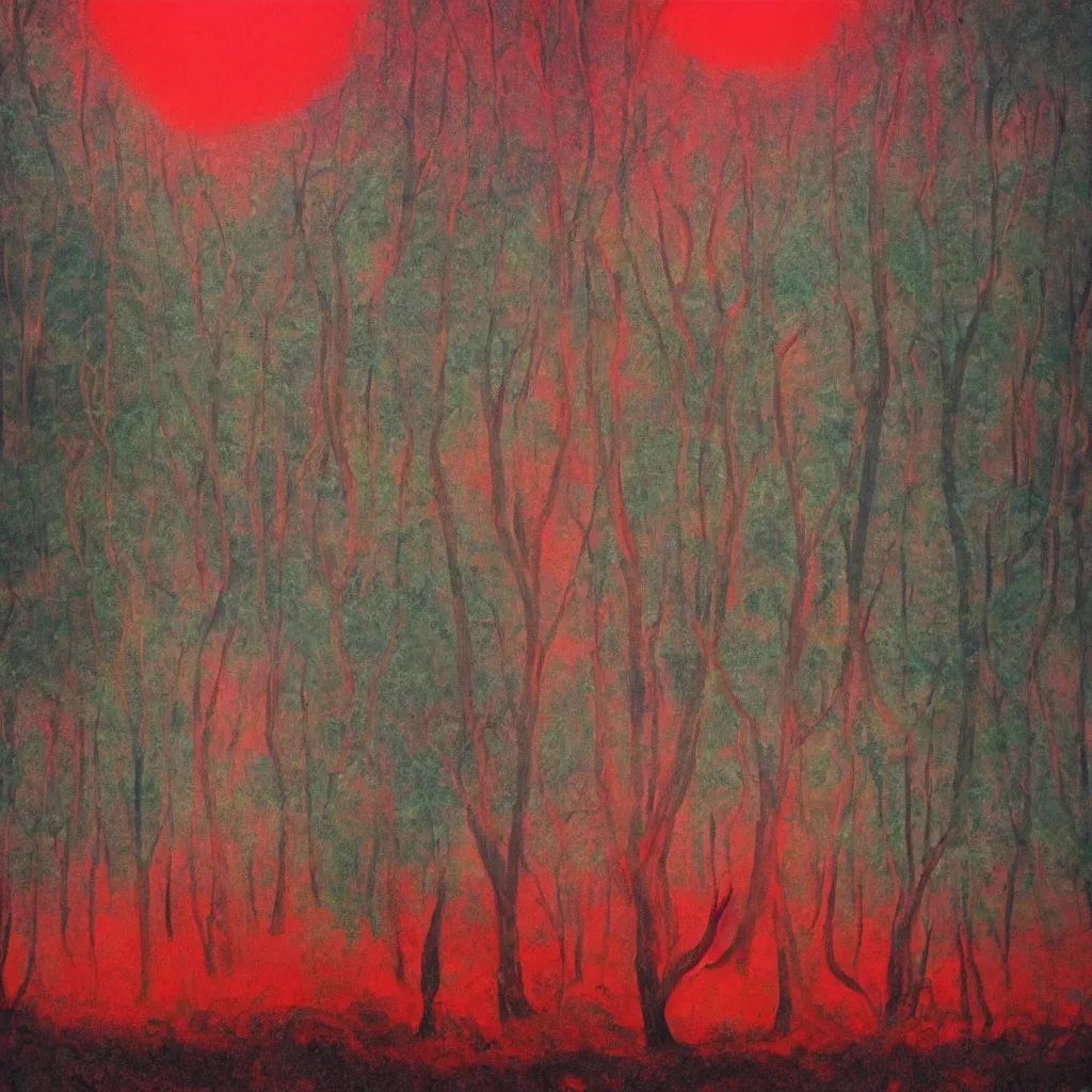 Image similar to semi real, and semi surreal. it's like a blend of a dream and a flawed memory. it's a forest under a red sun. a god sits under a tree, watching over a mystical body of water. the back of the canvas has a red glow from a fire set in the isle.