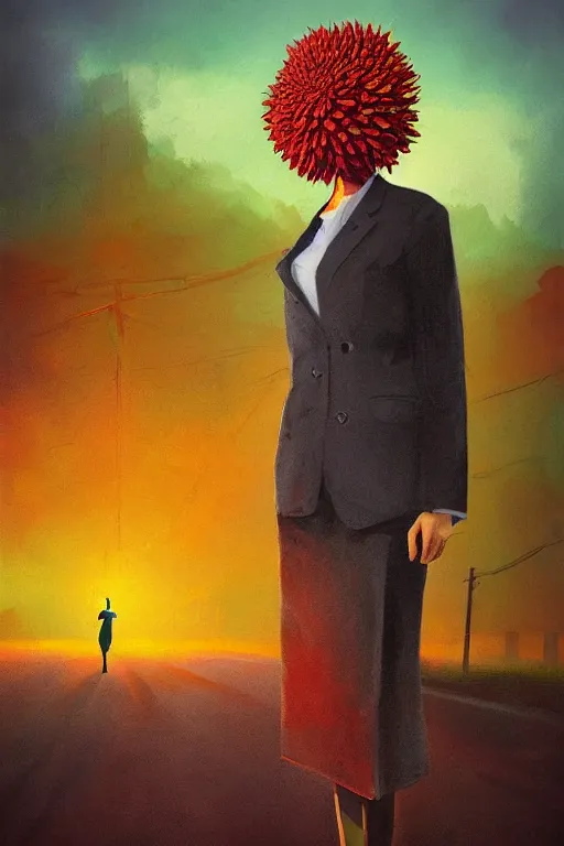 Image similar to portrait giant dahlia flower head, frontal, girl in a suit, standing in street, surreal photography, sunrise, dramatic light, impressionist painting, digital painting, artstation, simon stalenhag