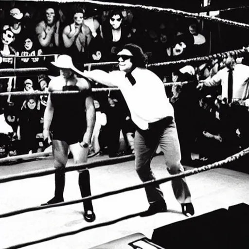 Image similar to “ the blues brothers as a professional wrestling team, fighting in the wrestling ring, still from tv broadcast ”