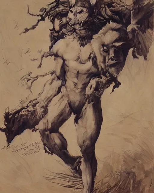 Image similar to a creature with the body and eyes of a man, with the beak of an eagle, the mane of a lion, and the horns of an ox. drawn by frank frazetta