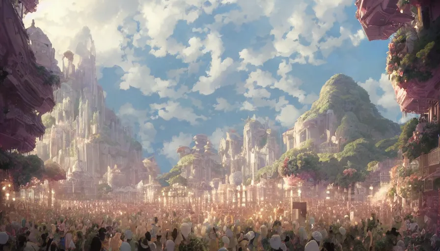 Prompt: A highly detailed matte painting of the biggest wedding ever, by Studio Ghibli, Makoto Shinkai, by Artgerm, by WLOP, by Greg Rutkowski, volumetric lighting, octane render, 4K resolution, trending on artstation, masterpiece