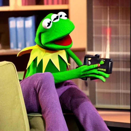 Image similar to Kermit the frog wielding a gun, robbing a muppets bank