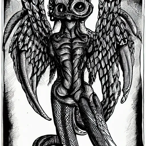 Image similar to an amalgamation of a snake, lizard, and humanoid with one angelic wing and one demonic wing with it's arms crossed in a dungeon