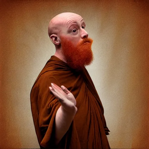 Image similar to digital art, a scruffy bald ginger monk levitates,