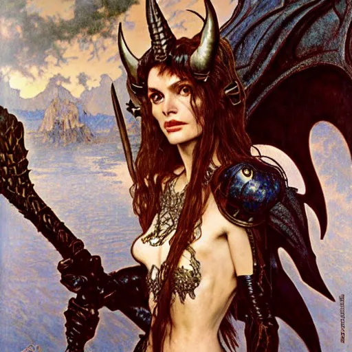 Image similar to head and shoulders portrait of an armored erinyes devil with huge bat wings, portrayed by young robin wright, d & d, fantasy, luis royo, magali villeneuve, donato giancola, wlop, krenz cushart, hans zatka, klimt, alphonse mucha