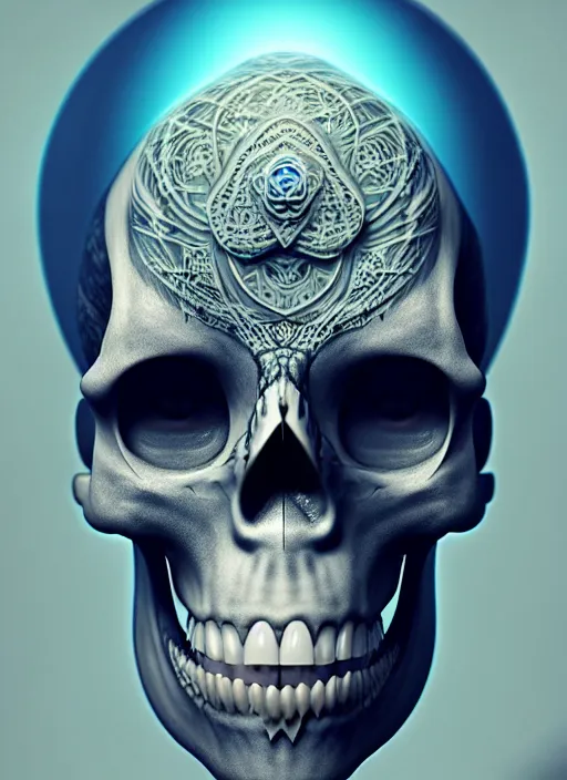 Image similar to 3 d shaman with tattoos profile portrait, sigma 5 0 0 mm f / 5. beautiful intricate highly detailed skull. bioluminescent, plasma, frost, water, wind, creature, gradient background, thunderstorm! artwork by tooth wu and wlop and beeple and greg rutkowski, 8 k trending on artstation,