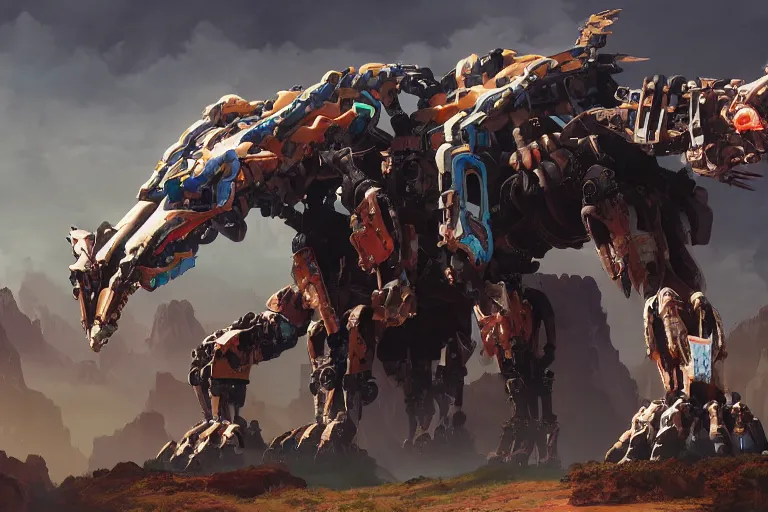 Image similar to grimhorn fanghorn machine mecha animal beast robot of horizon forbidden west horizon zero dawn bioluminiscence global illumination ray tracing hdr fanart arstation by sung choi and eric pfeiffer and gabriel garza and casper konefal