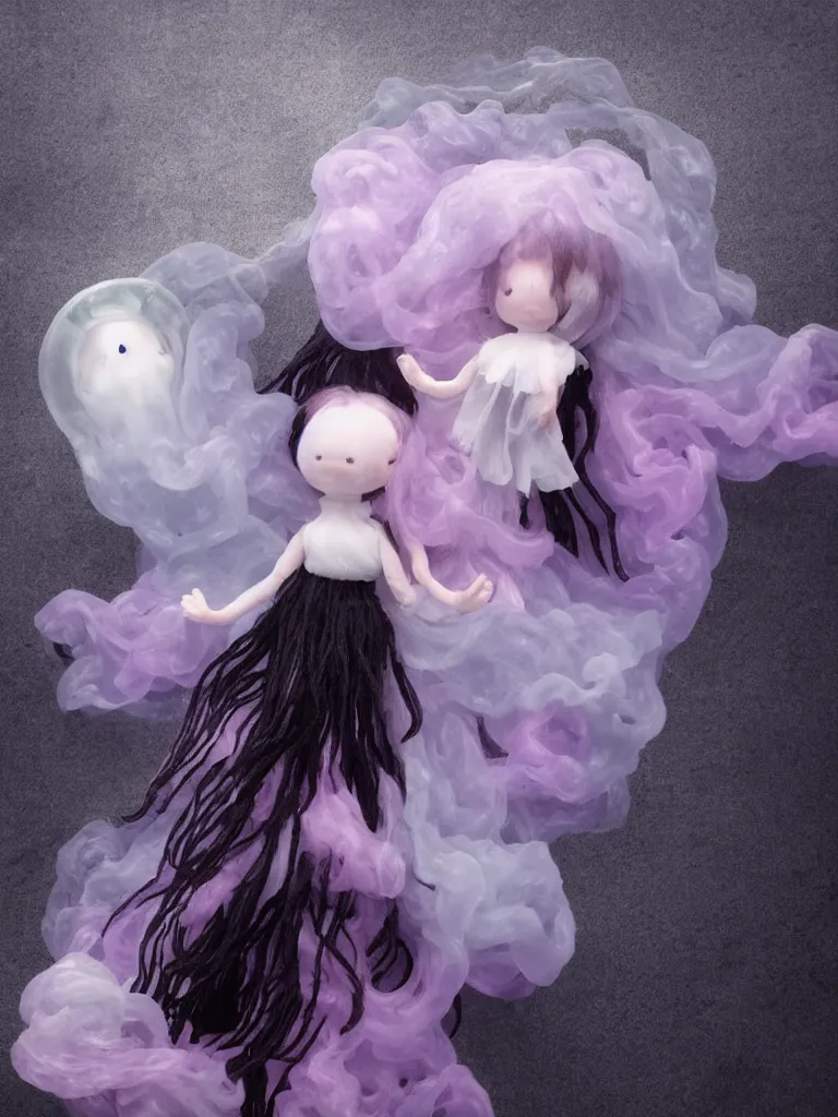 Prompt: cute fumo plush doll of an otherworldly translucent jellyfish goth maiden girl floating in the deep sea, mysterious tattered black tendrils and dress, glowing wraith girl, wisps of volumetric fog and smoke in vortices, vignette, bokeh, vray