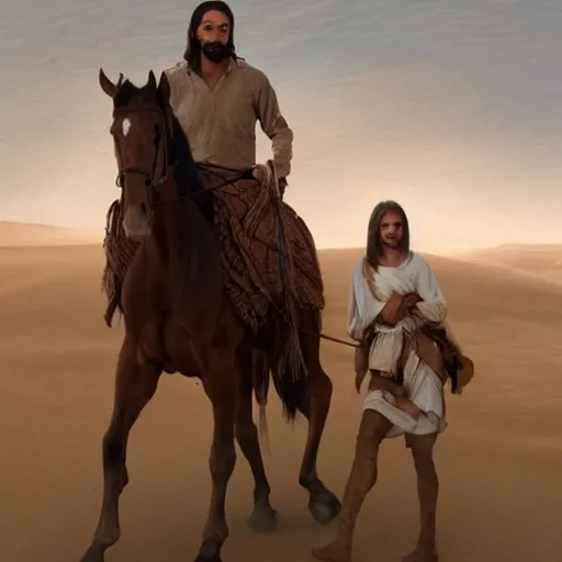 Image similar to jesus christ, riding a horse in the desert, by alyssa monks, by greg rutkowski, cinematic, canon