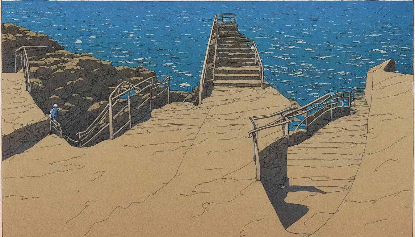 Image similar to walking down the stairs to the ocean, moebius