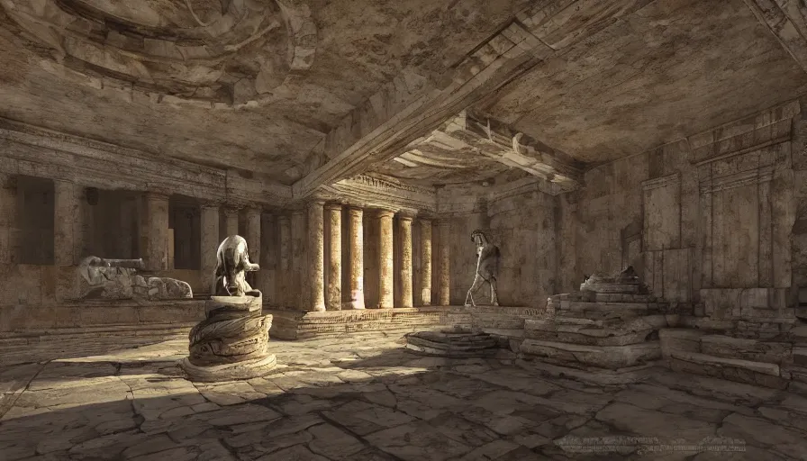 Image similar to Ancient Greek underground temple with a statue of a minotaur in the center of the room, hyperdetailed, artstation, cgsociety, 8k