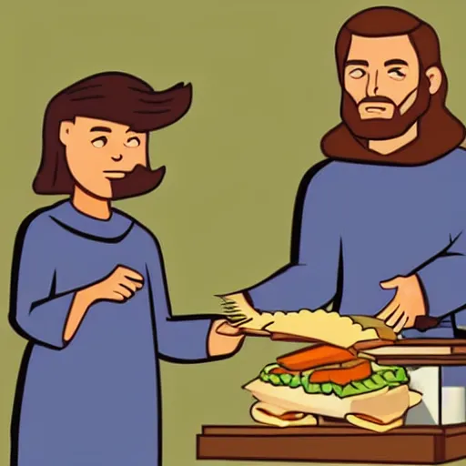 Image similar to Jesus buying a fish sandwich with cash, biblical scene