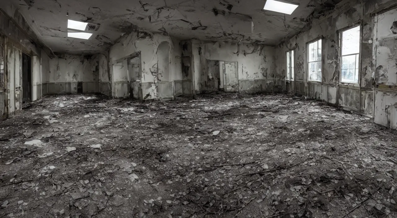 Image similar to photograph of the inside of a rotting abandoned hospital with a checkered floor, dark, no windows, horror | joe biden barely in view in the corner with a demonic grin on his face