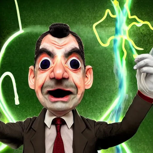 Image similar to mr. bean depicted as a mad scientist, wearing a lab coat, mixing green acids, digital art, trending on artstation and unreal engine