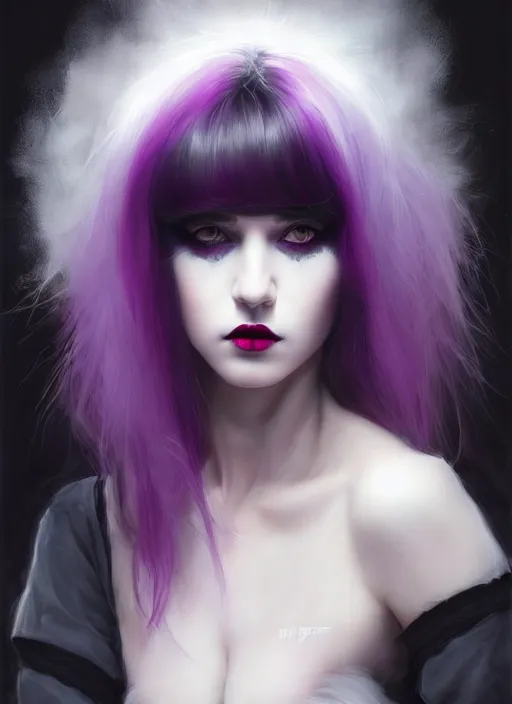 Image similar to portrait of white teenage girl, normal face, black bangs, mall goth, cyberlox, black and white hair, bangs, fluffy bangs, red contacts, purple lipstick, intricate, elegant, highly detailed, digital painting, artstation, concept art, sharp focus, smooth, illustration, art by wlop, mars ravelo and greg rutkowski