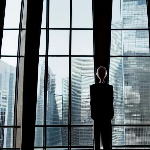 Prompt: interior photo of slender man looking into a skyscraper window