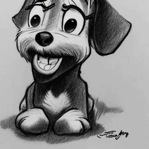 Prompt: milt kahl pencil sketch of happy mini schnauzer cartoon lady and the tramp style