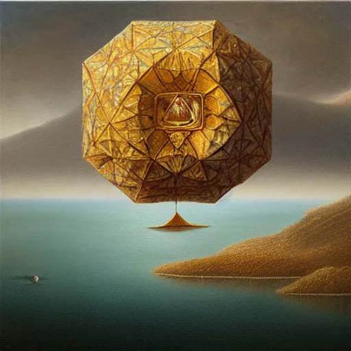 Image similar to a highly detailed oil painting of an icosahedron floating above a lake, Agostino Arrivabene