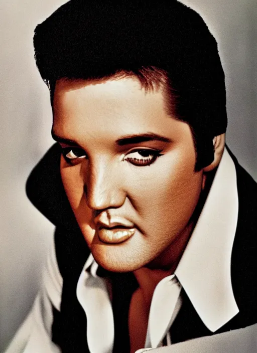 Prompt: photo closeup portrait of superstar elvis presley by anne leibovitz