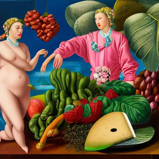 Image similar to a highly detailed oil painting of 2 pink dolphin queens ruling a cheese kingdom surrounded by exotic fruits and plants, surreal, 4 k, trending on art station, in the style of dali, boch, matisse caravaggio, comical