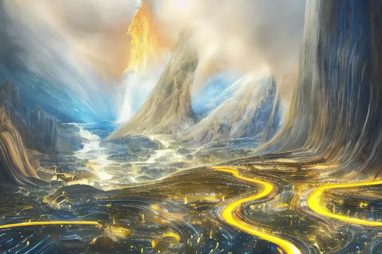 Image similar to High-end luxurios futuristic city with Singaporean royal gold lush volcano erupting, volcano lava destruction, set on Antelope Canyon with white thermal waters flowing down gold travertine terraces and lava overflowing, relaxing, ethereal and dreamy, thunderstorms and multiversal tornado, visually stunning, from Star Trek 2021, illustration, by WLOP and Ruan Jia and Mandy Jurgens and William-Adolphe Bouguereau, Artgerm