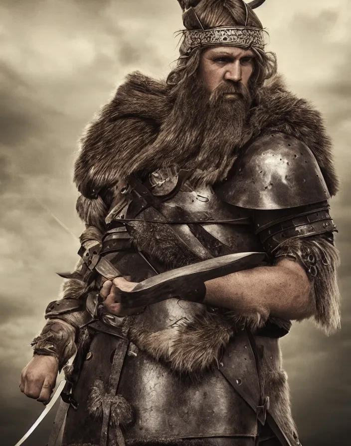 Prompt: strong Viking warrior holding his sword, facing the camera, photorealistic
