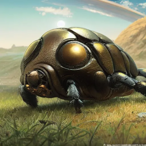 Image similar to a dung beetle pushing planet earth up a hill, ultra realistic, concept art, intricate details, highly detailed, photorealistic, octane render, 8 k, unreal engine. art by artgerm and greg rutkowski and magali villeneuve and alphonse mucha