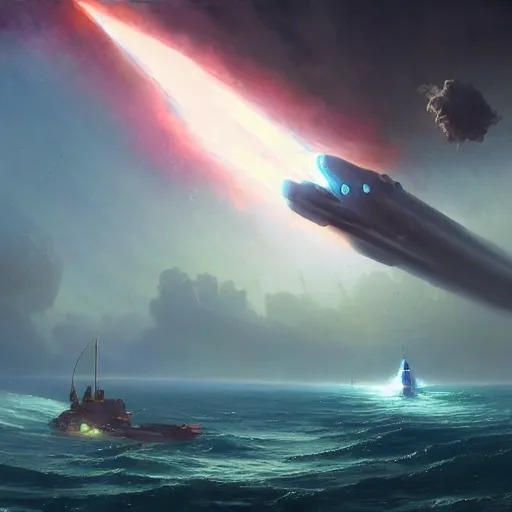 Image similar to ''cinematic shot of an spaceship being hit by a rocket and has to evacuate from the ship made by ivan aivazovsky, peter mohrbacher, greg rutkowski volumetric light effect broad light oil painting painting fantasy art style sci - fi art style realism premium prints available artwork unreal engine