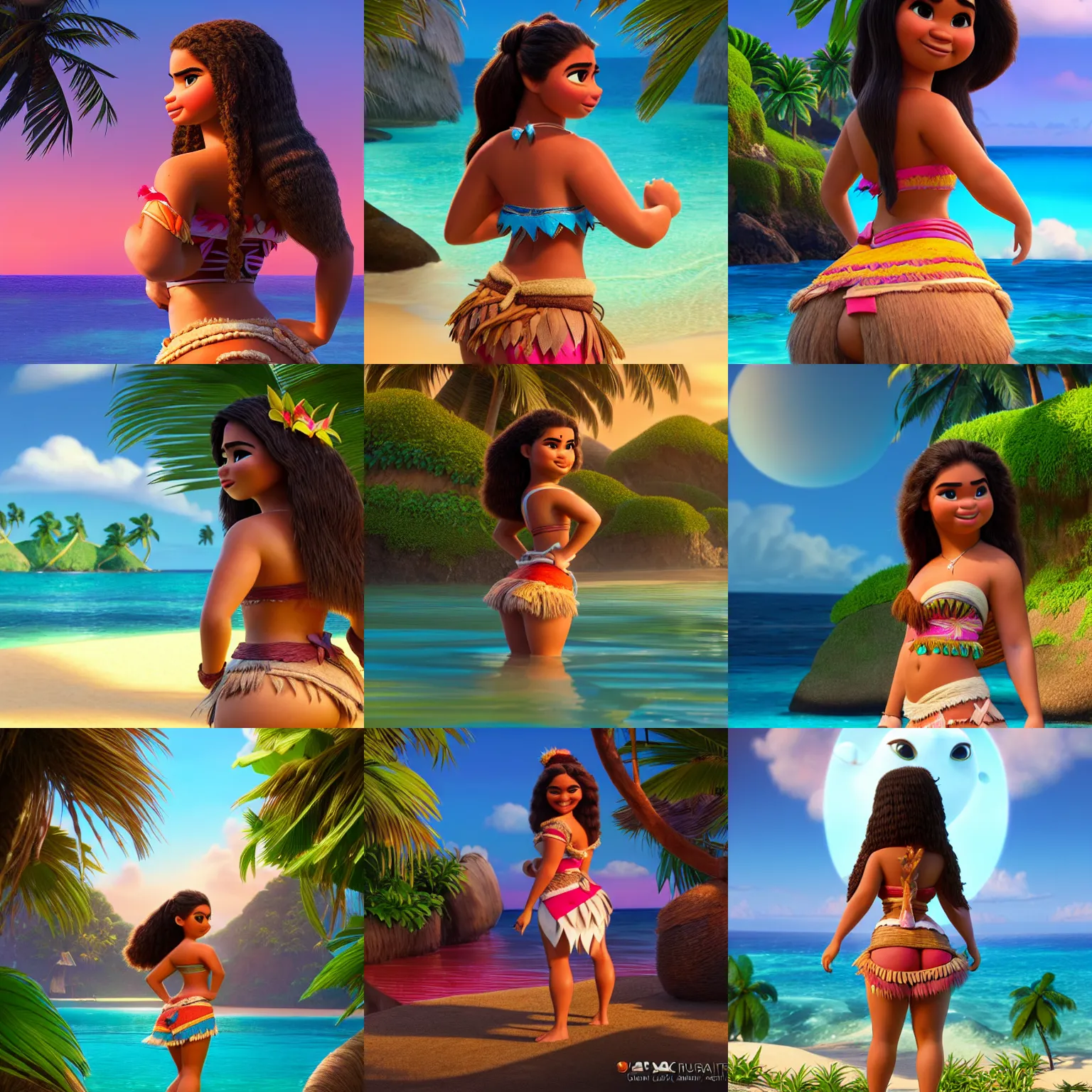 Prompt: portrait demi rose as moana, detailed costume, from the back, perfect face, backlit, tropical island, volumetric lighting, coomputer render, renderman, by pixar