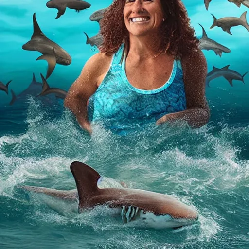 Image similar to digital art, trending on artstation, an athletic woman in her fifties with curly brown hair, swimming smiling in the middle of a rough sea surrounded by sharks, above her, in the night sky there is a star.