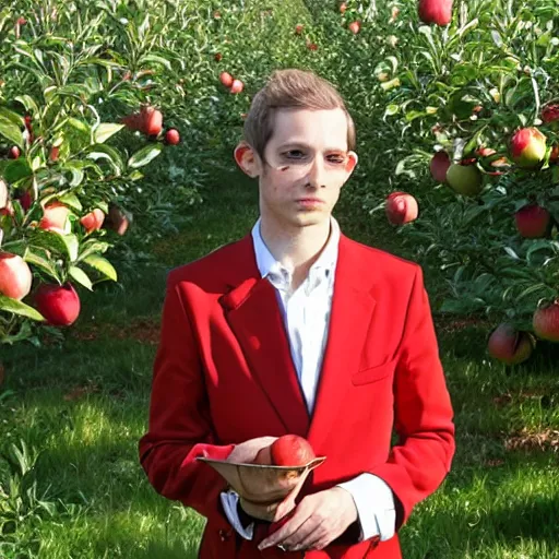 Prompt: portrait of an elf man, standing in an apple orchard, dressed well, very handsome