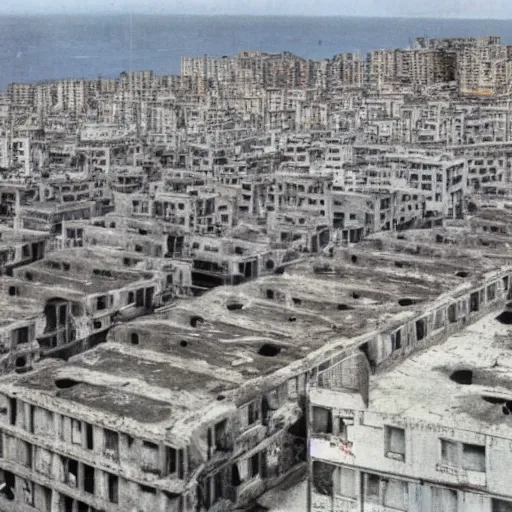 Image similar to brutalist city, prison city, totalitarian prison island, hashima island, rundown buildings, military buildings, prison complex, colorized 1 6 mm photo