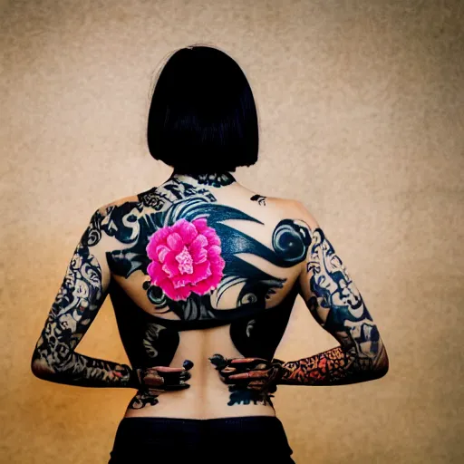 Prompt: photography of the back of a woman with a black detailed irezumi tatto representing a gold tiger with pink flowers on her entire back, dark hangar background, mid-shot, editorial photography