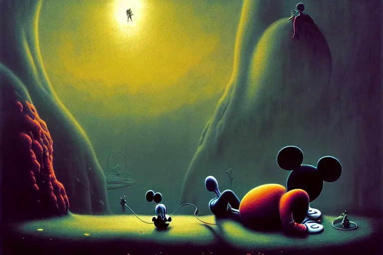 Image similar to life of a mickey mouse, scene features mickey mouse, by zdzislaw beksinski, by dariusz zawadzki, by wayne barlowe, gothic, surrealism, cosmic horror, lovecraftian, cold hue's, warm tone gradient background, concept art, beautiful composition