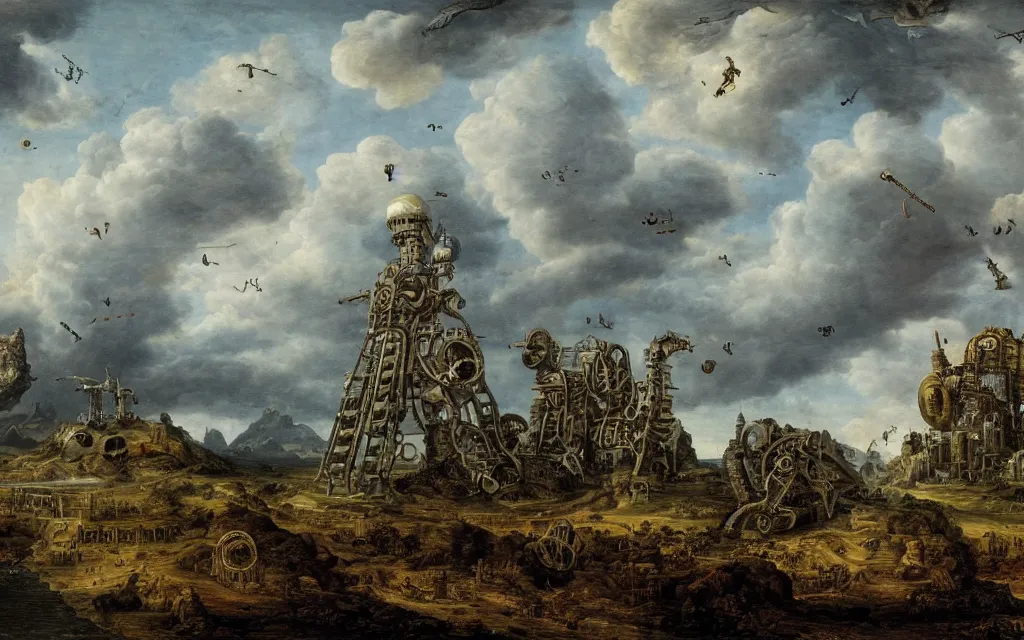 Prompt: complex alien technology in the form of a strange device, with many small parts and strange symbols by beatrix potter and jacob van ruisdael, style of cloudpunk