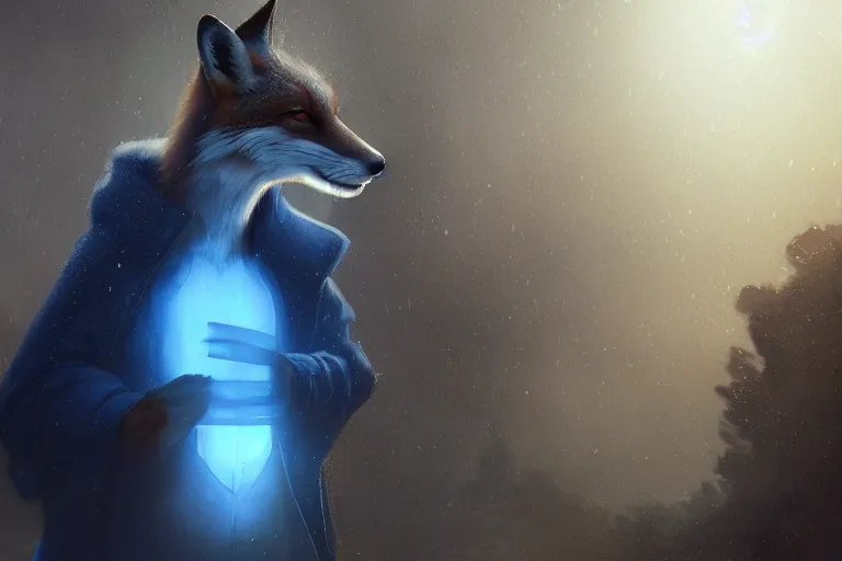 Image similar to portrait of a fox wearing blue coat stood outside a school, trending on artstation, highly detailed, digital painting, volumetric light, concept art, middle focus, illustration, lighting by Marc Adamus, daren bader, aleksi briclot, rutkowski, bouguereau