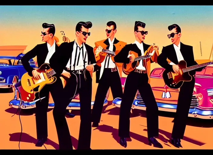 Image similar to rockabilly band 1950s, high detail, golden hour, 8K, by syd mead