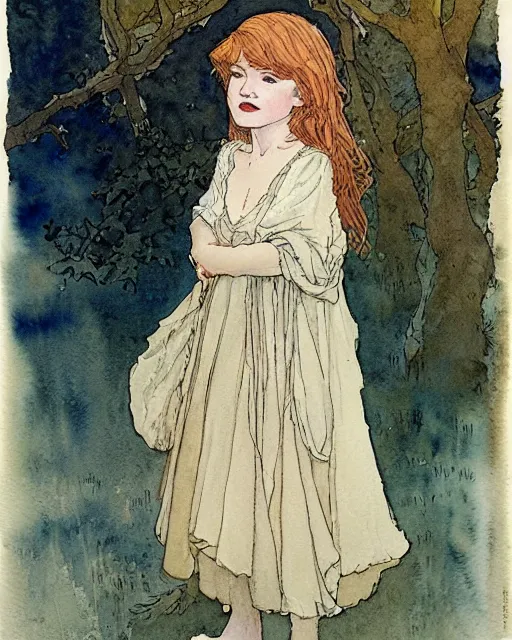 Prompt: a simple and atmospheric watercolour portrait of a pretty young girl resembling lily james wearing a dress made of pockets, very muted colors, by rebecca guay, michael kaluta, charles vess and jean moebius giraud