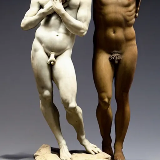 Image similar to two men, forbidden love, seperated by a deity, on one side is light on the other is darkness, body type is michelangelo's david in a renaissance style - h 9 0 0